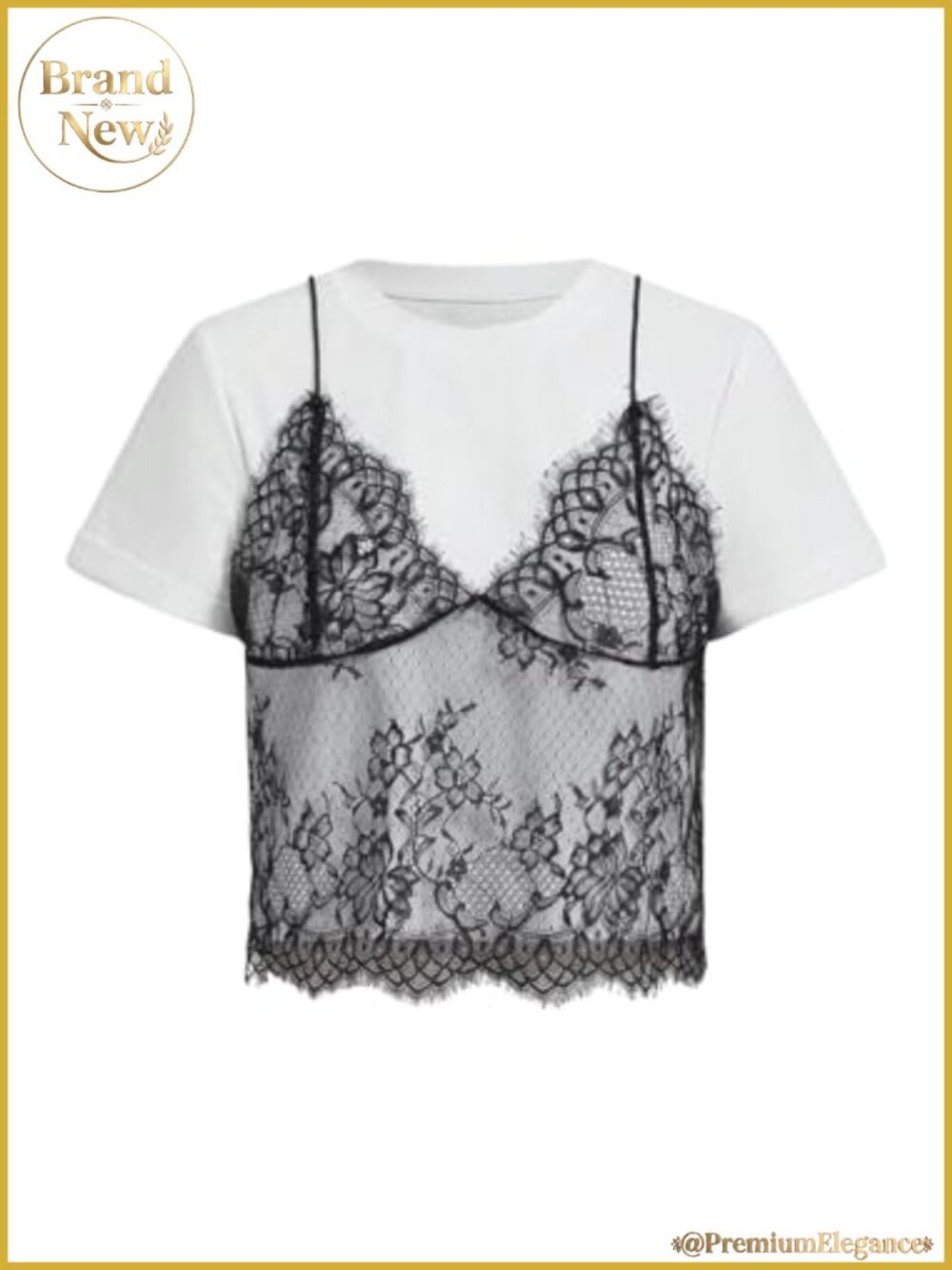 Floral Lace Trim Women's Short Sleeve Tee - Stretchy Knit Casual T-Shirt